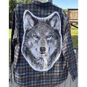 Blue Eyed Wolf Upcycled Flannel Blue/Gray Unisex Size XL Oversized Shacket